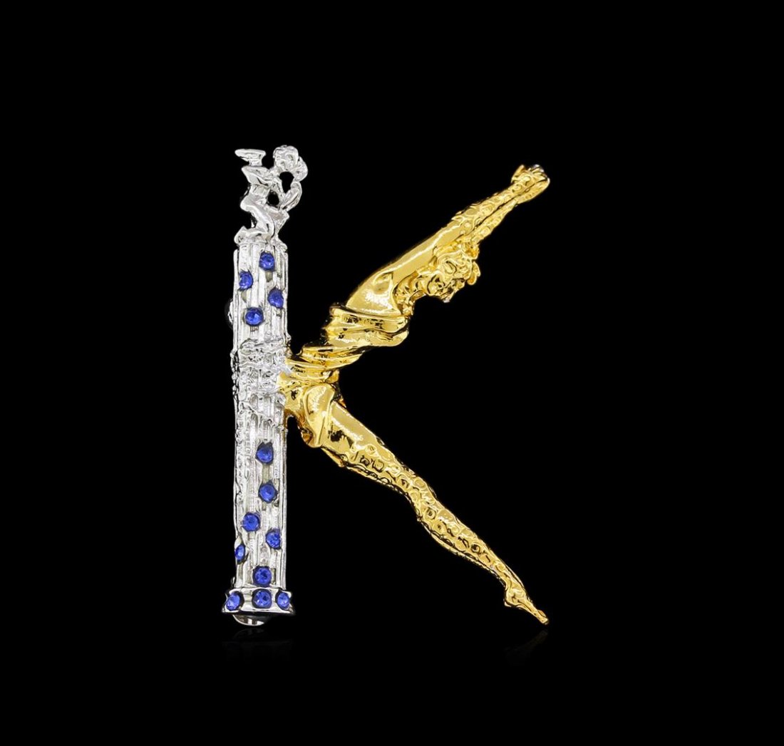 Erte Letter K Pendant Brooch - Gold-Plated Sterling: Erte's famous "Alphabet" series was first a Suite of Serigraphs and then a priceless collection of figures cast in precious metals set with gemstones. We are pleased to present this sparking Pendant/B