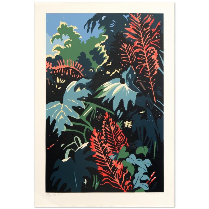 Red Bursts by Carsman: "Red Bursts" is a limited edition serigraph on paper by Jon Carsman (1944-1987), numbered and hand signed by the artist! Includes Certificate of Authenticity! Measures approx. 24" x 34" (with border),