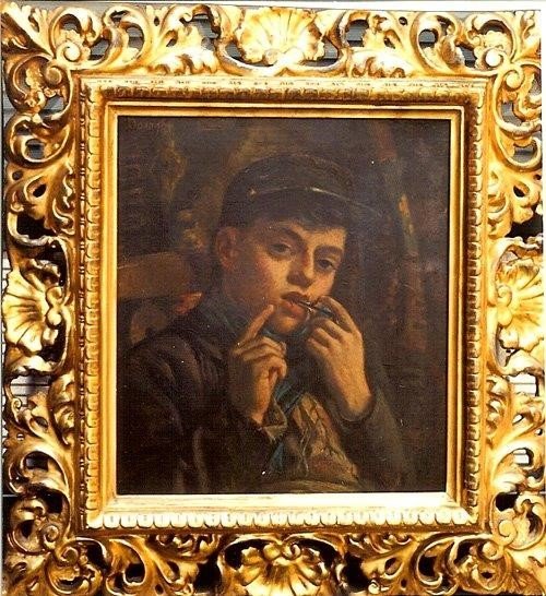 Young Recruit, Union Station by John Donaghy: 19th Century American painter John Donaghy ( 1838-1931) painted this original oil on canvas during a brief stop at the railroad station on his way home, near the end of the American Civil war. This yo
