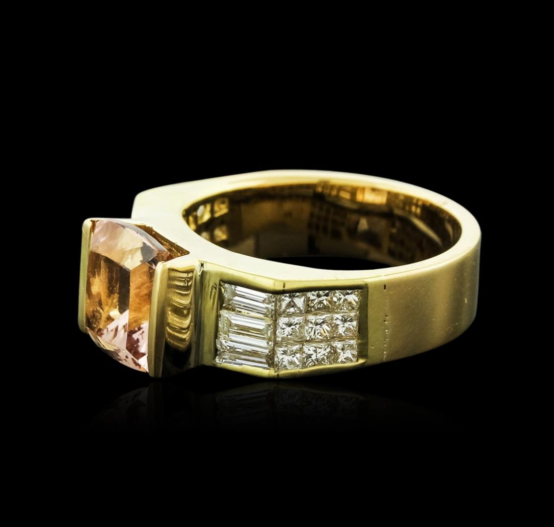 18KT Yellow Gold 2.87ct Morganite and Diamond Ring: One electronically tested 18KT yellow gold ladies cast morganite and diamond ring with a flat shank with a bright polish finish. Identified with markings of "18K". Condition is new. Containing: One pr