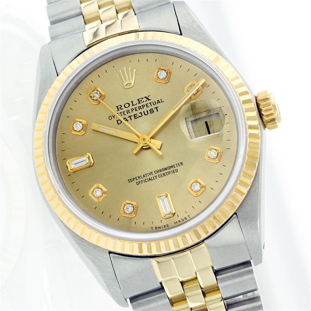 Rolex Two-Tone Diamond DateJust Men's Watch: One Mens Two Tone Rolex Datejust Polished, Serviced & Electronically Tested, 14K Yellow Gold & Stainless Steel Case:36mm, 14K Yellow Gold Crown, Bezel: 18K Yellow Gold Fluted Bezel. Custom Crystal: