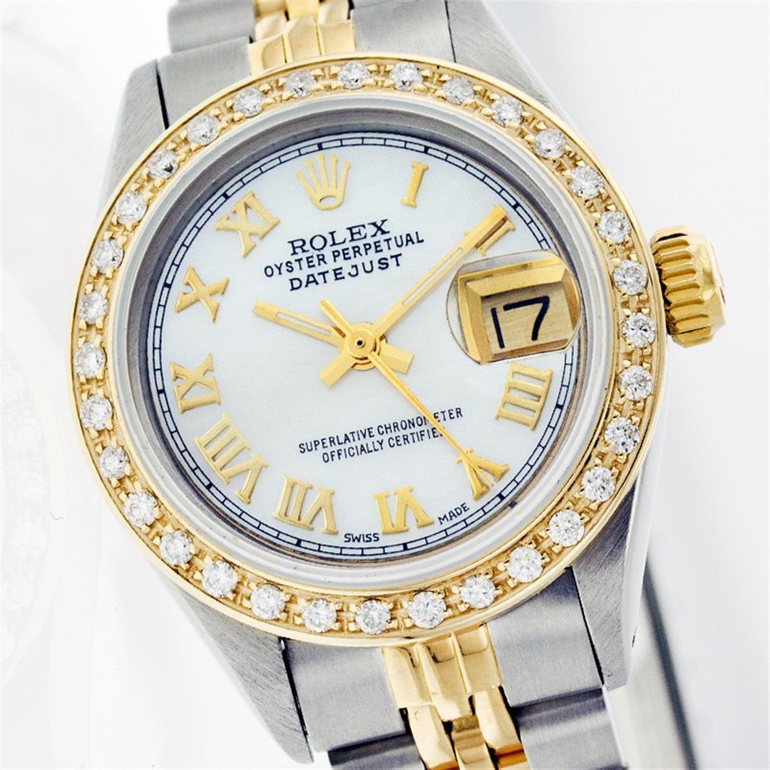 Rolex Two-Tone Diamond DateJust Ladies Watch: One Ladies Two Tone Rolex Datejust Polished, Serviced & Electronically Tested, 14K Yellow Gold & Stainless Steel Case:26mm, 14K Yellow Gold Crown, Custom Bezel: 18K Yellow Gold Beadset Diamond Bezel