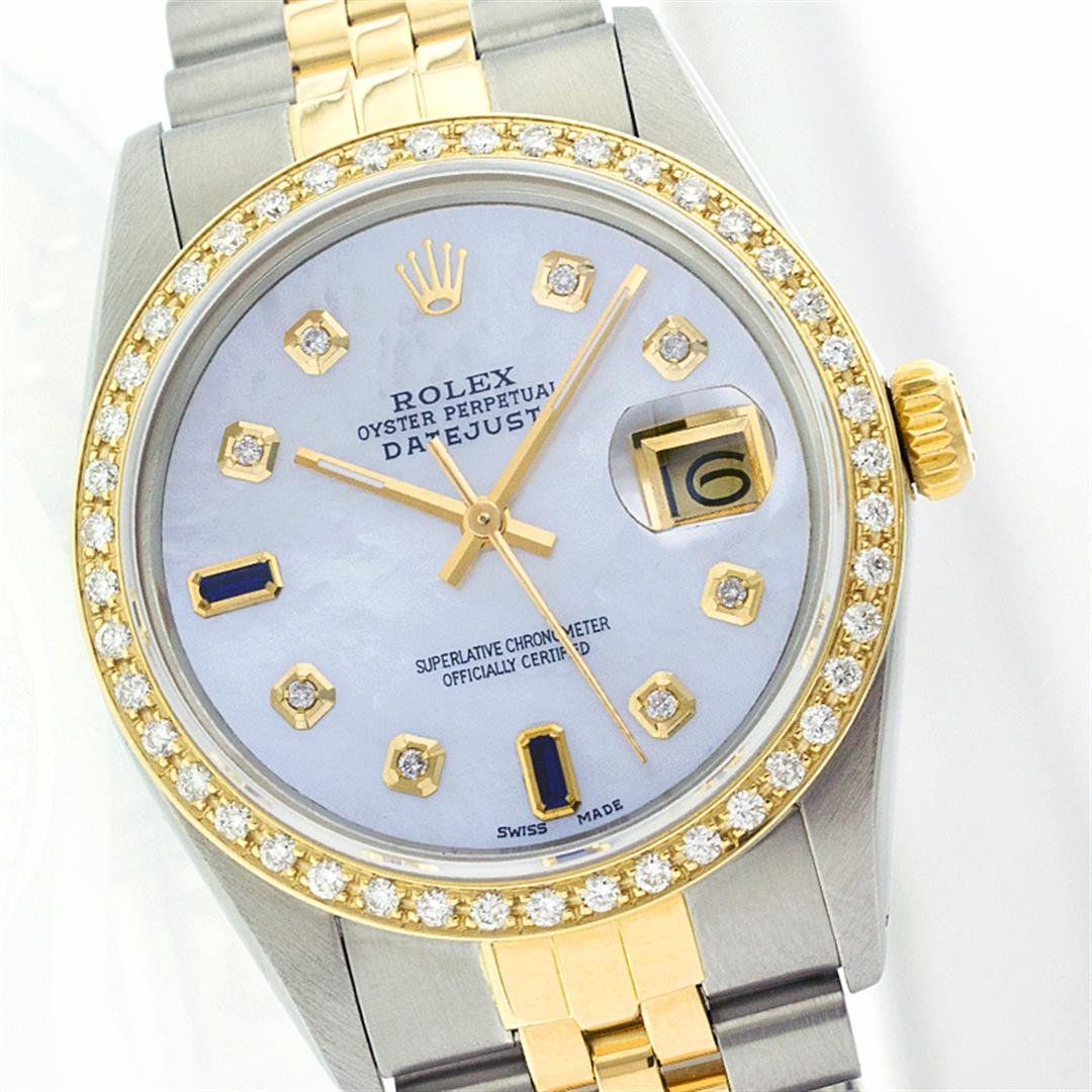 Rolex Two-Tone 1.00ctw Diamond DateJust Men's Watch: One Mens Two Tone Rolex Datejust Polished, Serviced & Electronically Tested, 14K Yellow Gold & Stainless Steel Case:36mm, 14K Yellow Gold Crown, Custom Bezel: 18K Yellow Gold Beadset Diamond Bezel, Di