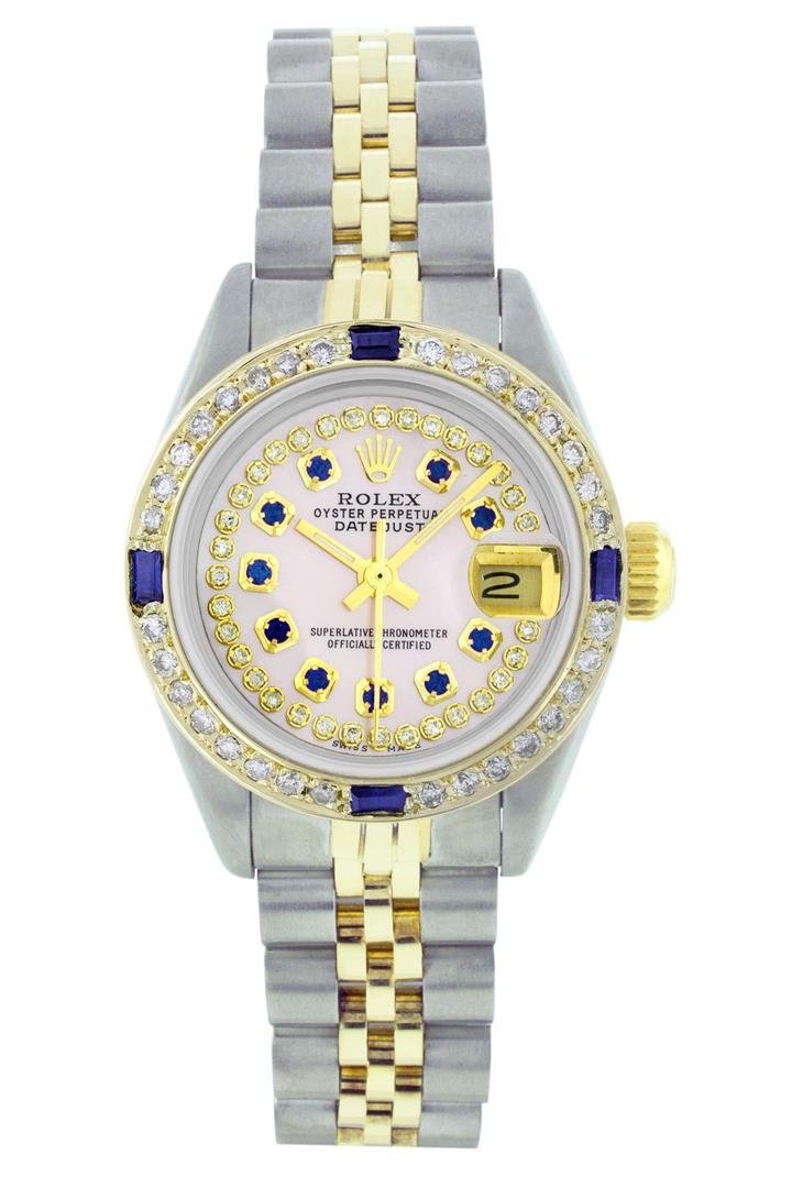 Rolex Two-Tone Diamond and Sapphire DateJust Ladies: One Ladies Two Tone Rolex Datejust Polished, Serviced & Electronically Tested, 14K Yellow Gold & Stainless Steel Case:26mm, 14K Yellow Gold Crown, Custom Bezel: 18K Yellow Gold Sapphire Beadset Diamon