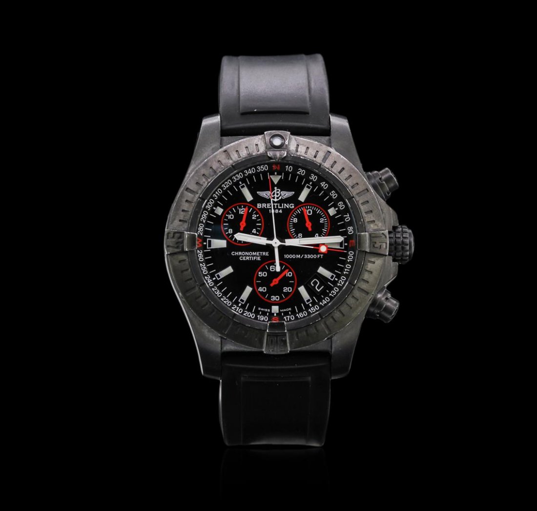 Breitling Blacksteel Avenger Seawolf Men's Watch: One Breitling Blacksteel Avenger Seawolf Men's Watch. Band: black rubber. Case: stainless steel. Dial: features 3 subdials black and red in color. Date window located between the 4 and 5 o'clock posit