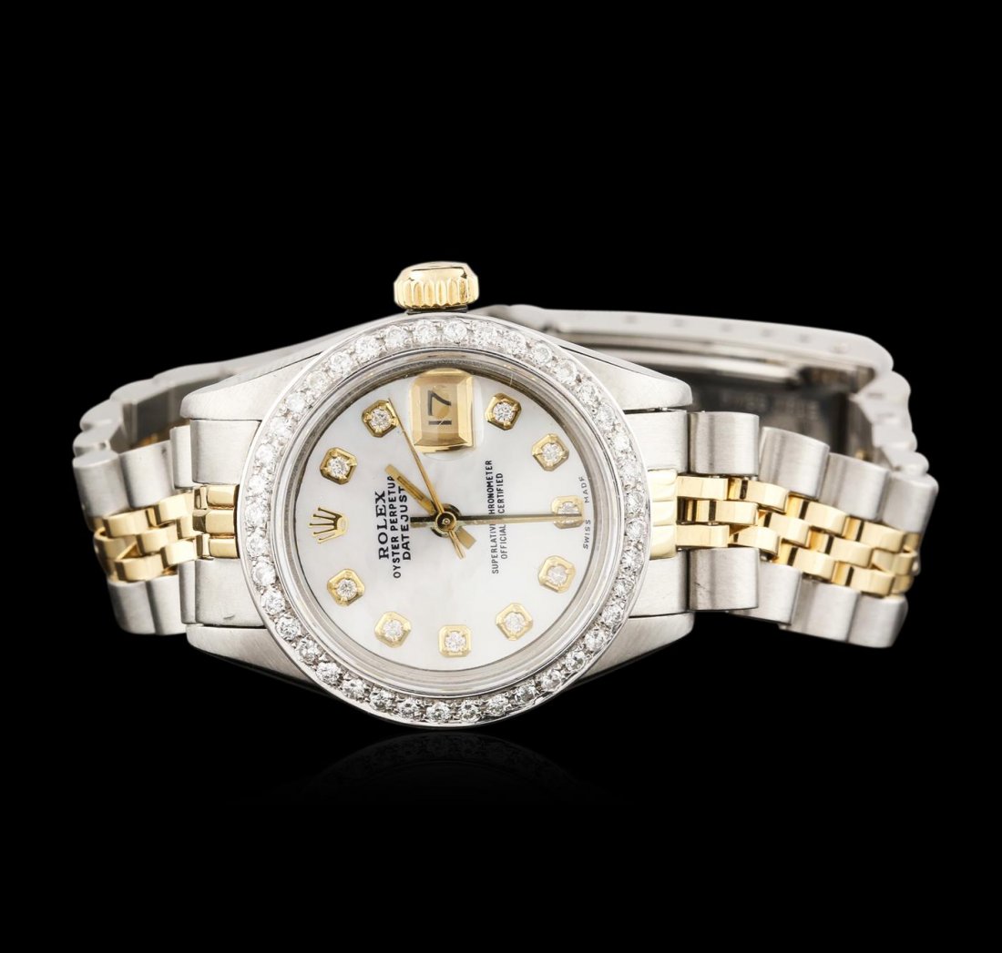 Rolex Two-Tone Diamond DateJust Ladies Watch: One ladies, hand crafted & machine milled Rolex DateJust Model wristwatch electronically tested, Stainless Steel Case: 26mm oyster, Crown: 14KT yellow gold twinlock with logo, Custom Bezel: diamond se
