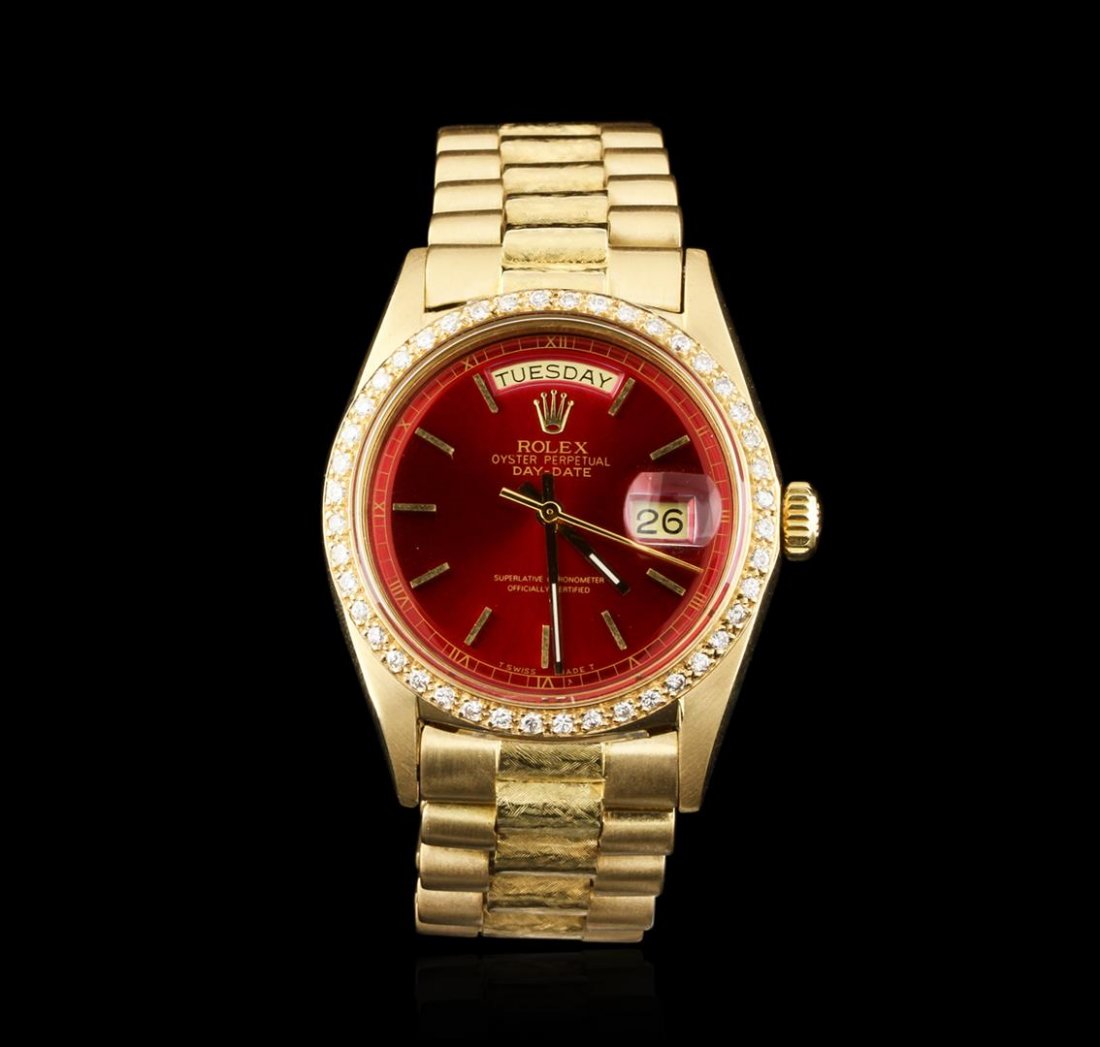 Gents Rolex 18KT Yellow Gold 1.00ctw Diamond DayDate: One gents, hand crafted & machine milled Rolex DayDate Model wristwatch electronically tested 18KT yellow gold, Case: 36mm oyster, Crown: twin lock with logo, Custom Bezel: diamond set, Custom Crystal