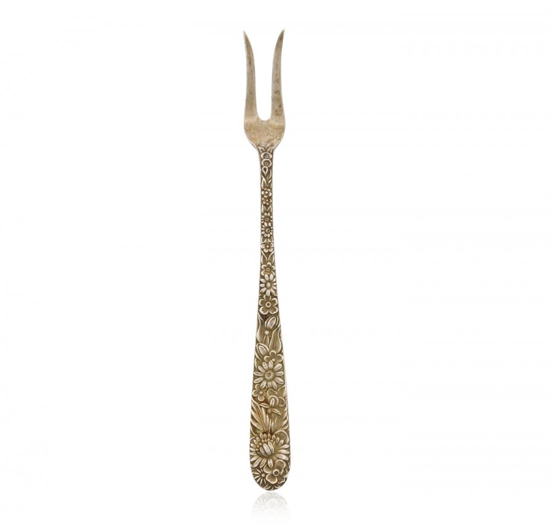 S. Kirk & Son Sterling Silver Lemon Fork: S. Kirk & Son Repousse 5.75'' lemon fork. AGP monogram. Stamped "S Kirk & Son Sterling". Nice shape overall with very minor use.