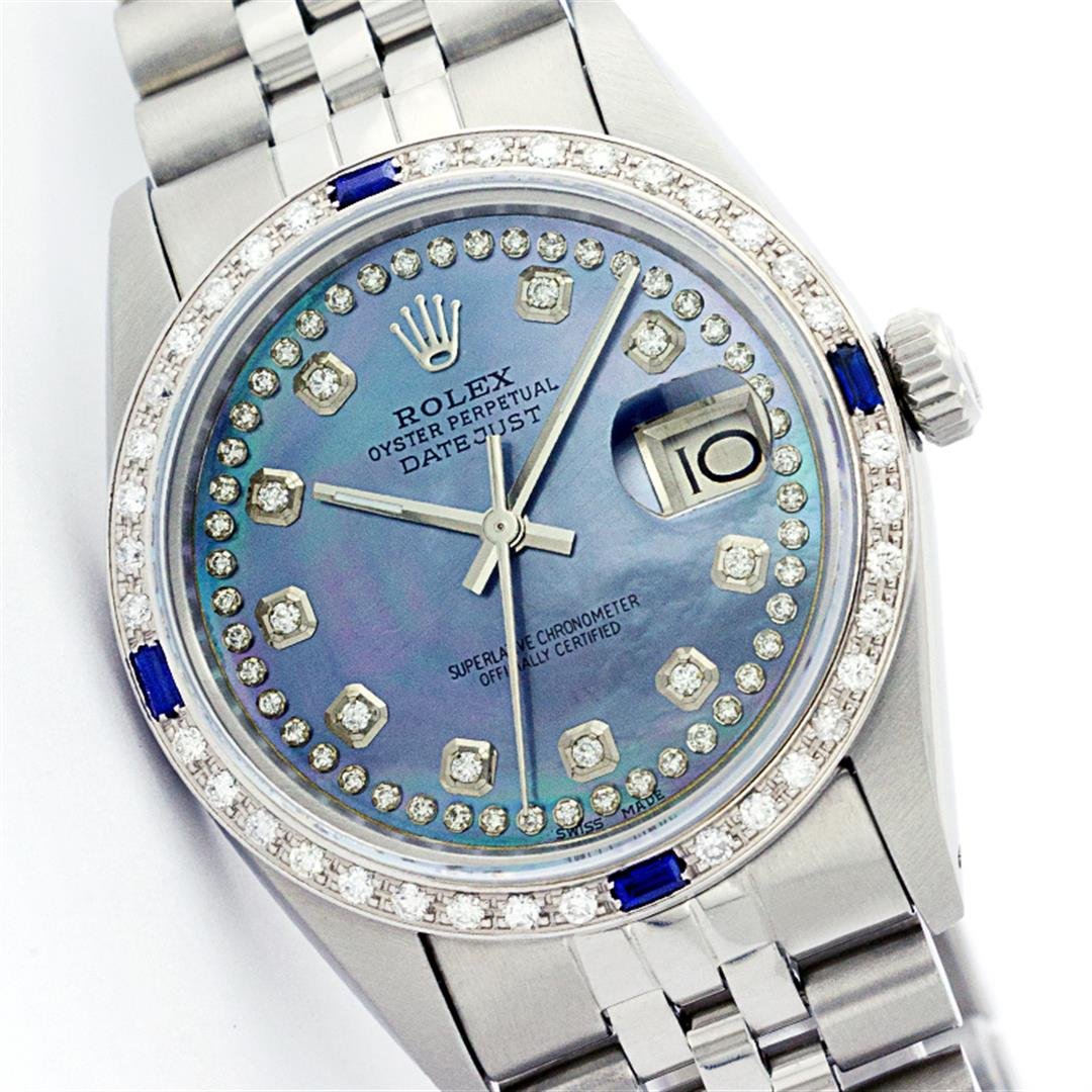 Rolex Stainless Steel Diamond and Sapphire DateJust: One Mens Rolex Datejust Polished, Serviced & Electronically Tested, Stainless Steel Case:36mm, Stainless Steel Crown, Custom Bezel: 18K White Gold Sapphire Beadset Diamond Bezel, Diamond + Gem Count:�