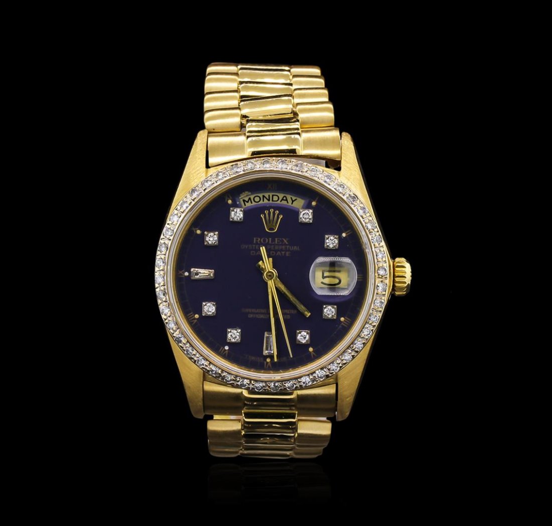 Rolex President 18KT Gold 1.00ctw DayDate Men's Watch: One gents, hand crafted & machine milled Rolex DayDate Model the President wristwatch electronically tested 18KT yellow gold, Case: 35mm oyster, Crown: twin lock with logo, Custom Bezel: diamond set,
