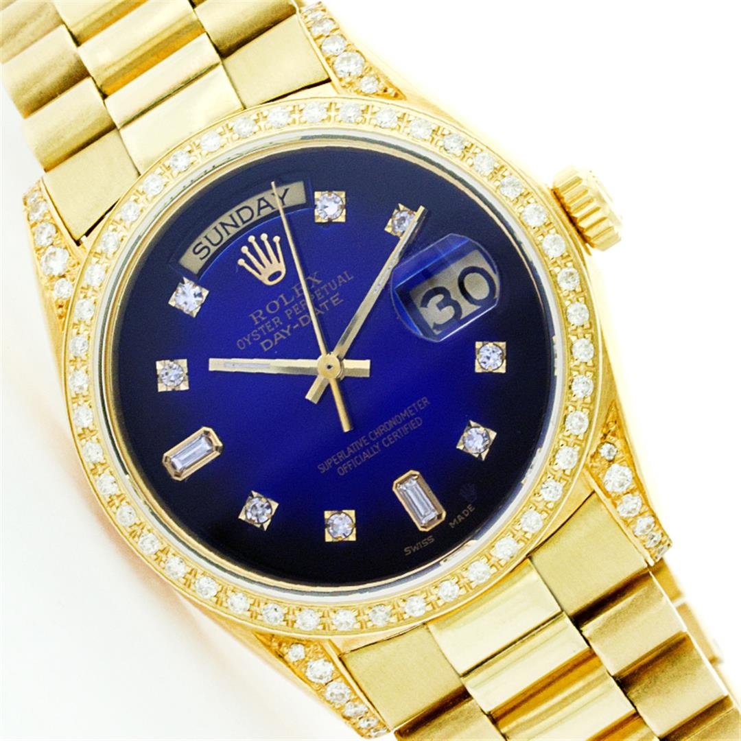 Rolex 18KT Gold President 1.00ctw Diamond Men's Watch: One Mens Rolex Day Date President Polished, Serviced & Electronically Tested, Yellow Gold Case:36mm, Diamond Lug Case: Clarity: SI-VS, Color G To H. Yellow Gold Crown, Bezel: Custom 18K Yellow Gold Be