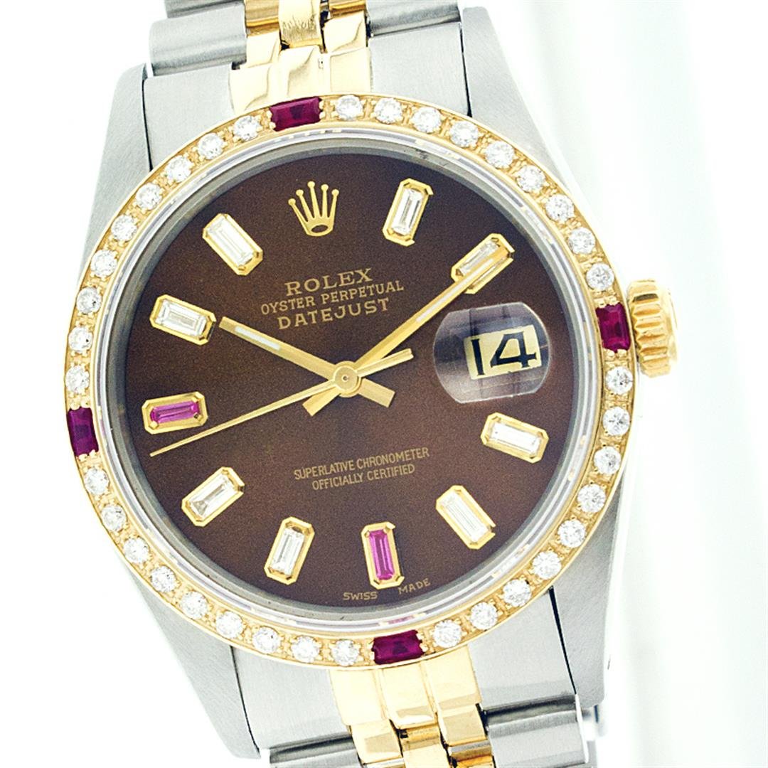 Rolex Two-Tone Diamond and Ruby DateJust Men's Watch: One Mens Two Tone Rolex Datejust Polished, Serviced & Electronically Tested, 14K Yellow Gold & Stainless Steel Case:36mm, 14K Yellow Gold Crown, Custom Bezel: 18K Yellow Gold Ruby Beadset Diamond Beze