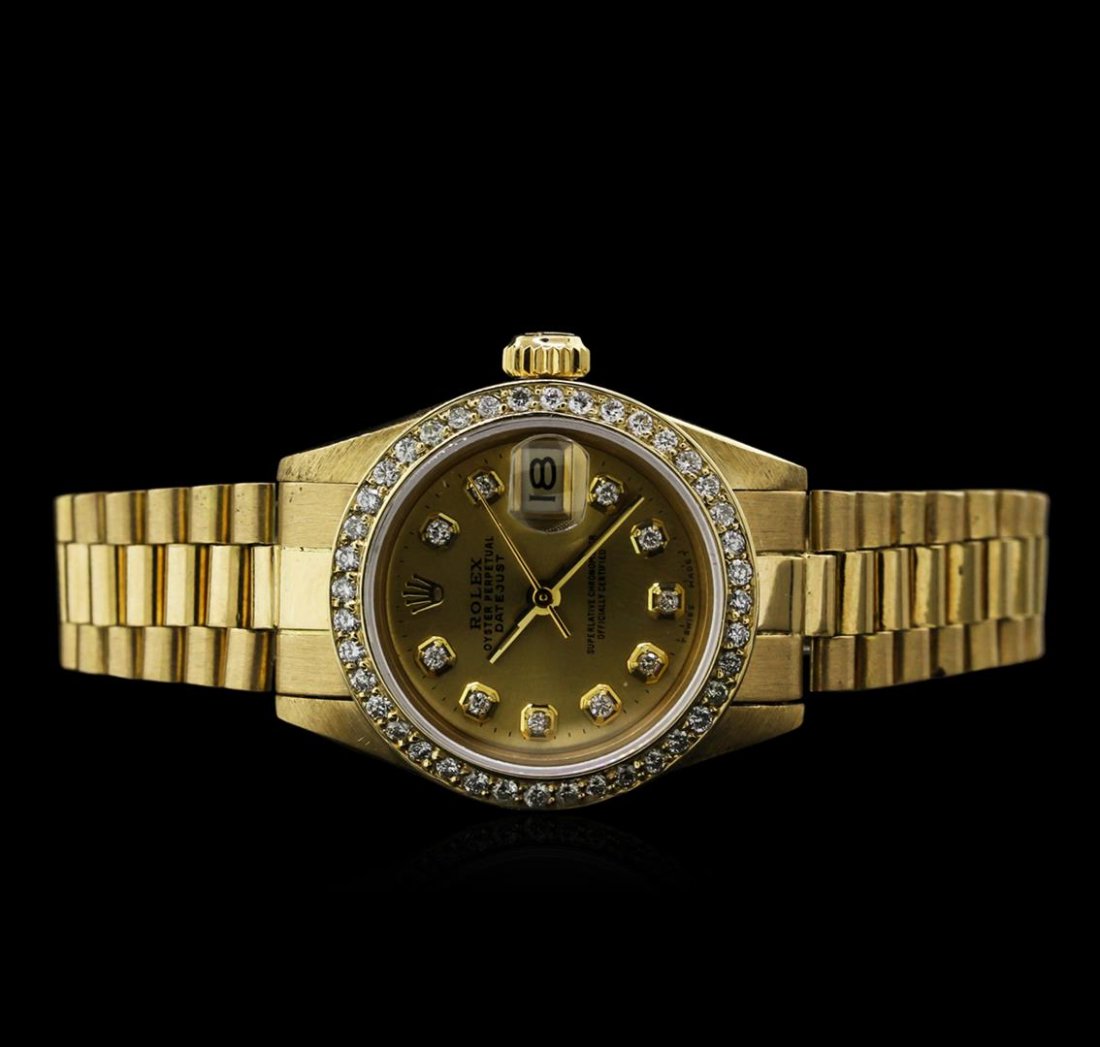 Rolex 18KT Gold President Diamond DateJust Ladies Watch: One ladies, hand crafted & machine milled Rolex Lady President the DateJust model wristwatch electronically tested 18KT yellow gold, Circa: 1979, Swiss Hallmarked Case: 26mm oyster, Crown: twinlock wi