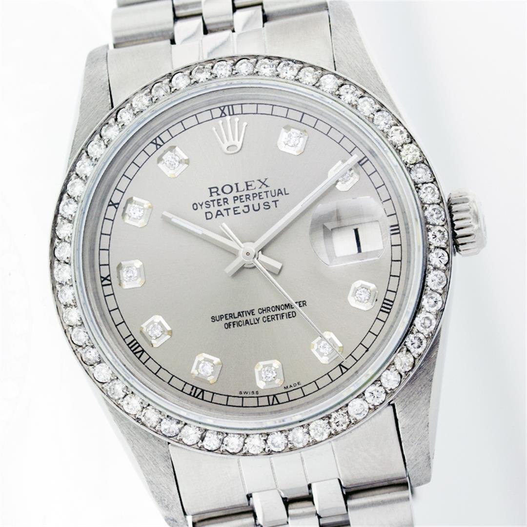 Rolex Stainless Steel 1.00ctw Diamond DateJust Men's: One Mens Rolex Datejust Polished Bright with Satin Finish, Serviced & Electronically Tested, Stainless Steel Case:36mm, Stainless Steel Crown, Custom Bezel: Stainless Steel Beadset Diamond Bezel, Di