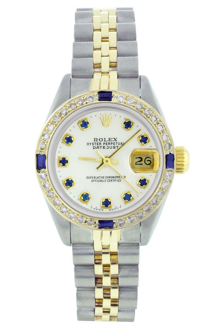 Rolex Two-Tone Diamond and Sapphire DateJust Ladies: One Ladies Two Tone Rolex Datejust Polished, Serviced & Electronically Tested, 14K Yellow Gold & Stainless Steel Case:26mm, 14K Yellow Gold Crown, Custom Bezel: 18K Yellow Gold Sapphire Beadset Diamon
