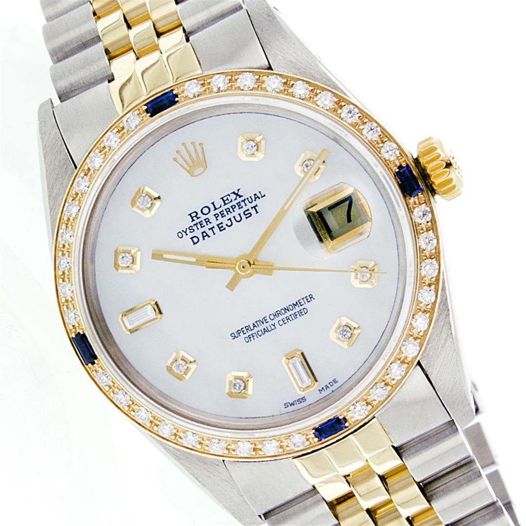 Rolex Two-Tone Diamond and Sapphire DateJust Men's: One Mens Two Tone Rolex Datejust Polished, Serviced & Electronically Tested, 14K Yellow Gold & Stainless Steel Case:36mm, 14K Yellow Gold Crown, Custom Bezel: 18K Yellow Gold Sapphire Beadset Diamond