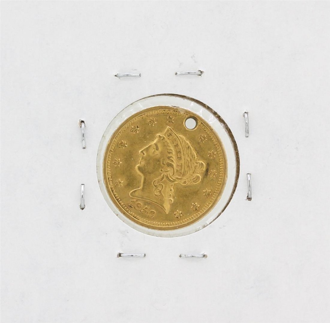 1856 $2.50 Liberty Head Quarter Eagle Gold Coin: One 1856 $2.50 Liberty Head Quarter Eagle Gold Coin. Please note that there is a small hole located at the top of the coin.