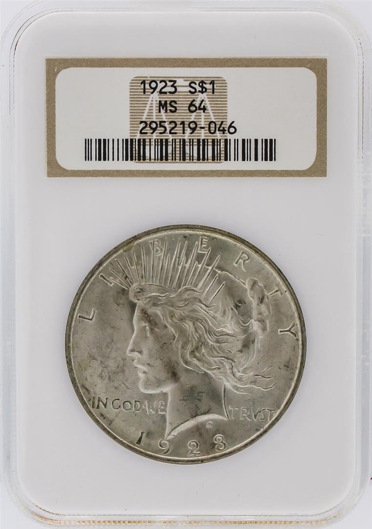 1923 NGC MS64 Peace Silver Dollar: One 1923 NGC MS64 Peace Silver Dollar. NGC Certified.