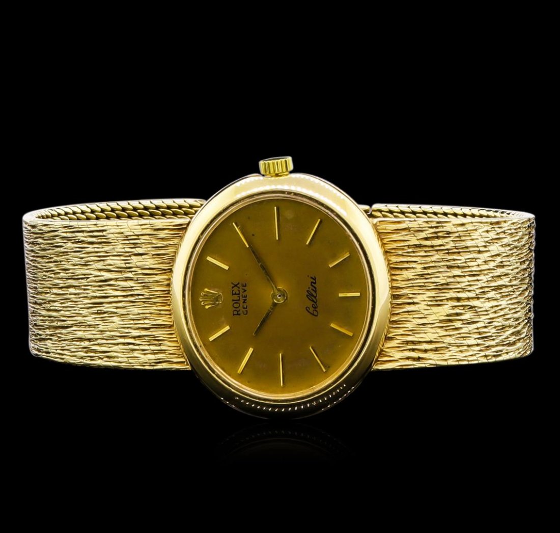 Rolex 14KT Yellow Gold Cellini Ladies Watch: One ladies, Rolex Cellini wristwatch, electronically tested 14KT yellow gold, Oval Rolex Case: 26 x 23mm, Crown: scalloped, Bezel bright polish finish, Crystal: synthetic sapphire. Movement: Swiss sev
