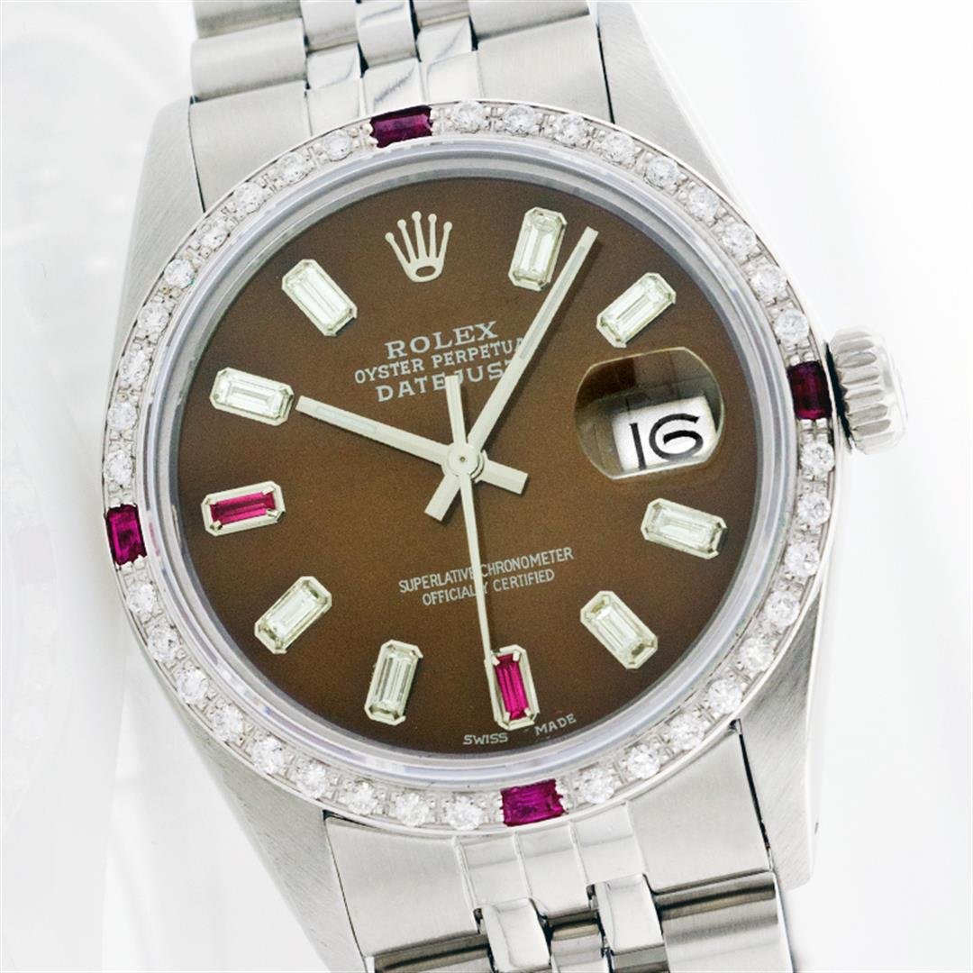 Rolex Stainless Diamond and Ruby DateJust Men's Watch: One Mens Rolex Datejust Polished Bright with Satin Finish, Serviced & Electronically Tested, Stainless Steel Case:36mm, Stainless Steel Crown, Custom Bezel: 18K White Gold Ruby Beadset Diamond Bezel,