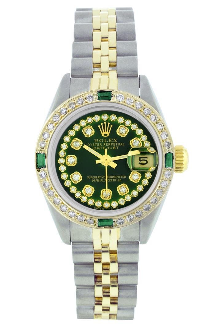 Rolex Two-Tone Emerald and Diamond DateJust Ladies: One Ladies Two Tone Rolex Datejust Polished, Serviced & Electronically Tested, 14K Yellow Gold & Stainless Steel Case:26mm, 14K Yellow Gold Crown, Custom Bezel: 18K Yellow Gold Emerald Beadset Diamond