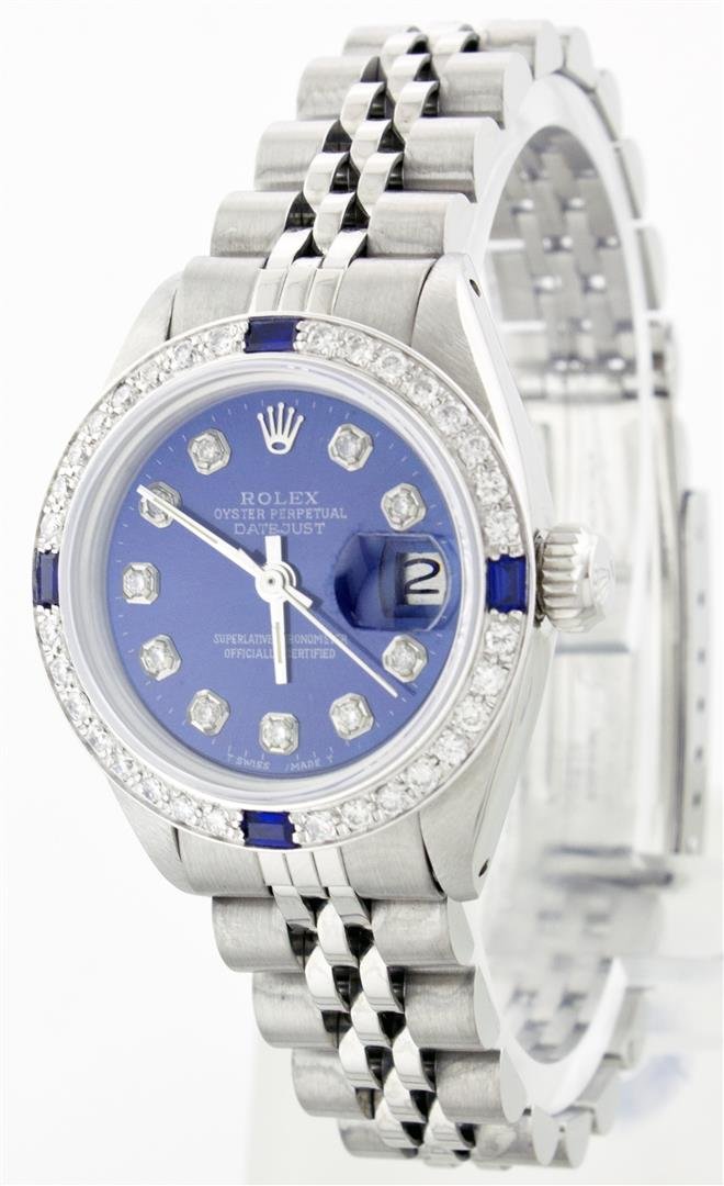 Rolex Ladies Watch: One Ladies Rolex Datejust Polished Bright with Satin Finish, Serviced & Electronically Tested, Stainless Steel Case:26mm, Stainless Steel Crown, Custom Bezel: 18K White Gold Sapphire Beadset Diamond B
