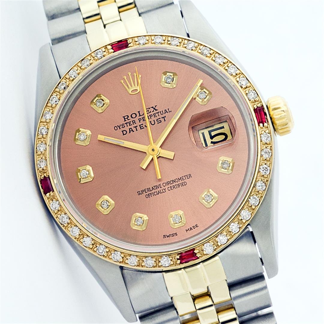 Rolex Two Tone Diamond and Ruby DateJust Men's Watch: One Mens Two Tone Rolex Datejust Polished, Serviced & Electronically Tested, 14K Yellow Gold & Stainless Steel Case:36mm, 14K Yellow Gold Crown, Custom Bezel: 18K Yellow Gold Ruby Beadset Diamond Beze