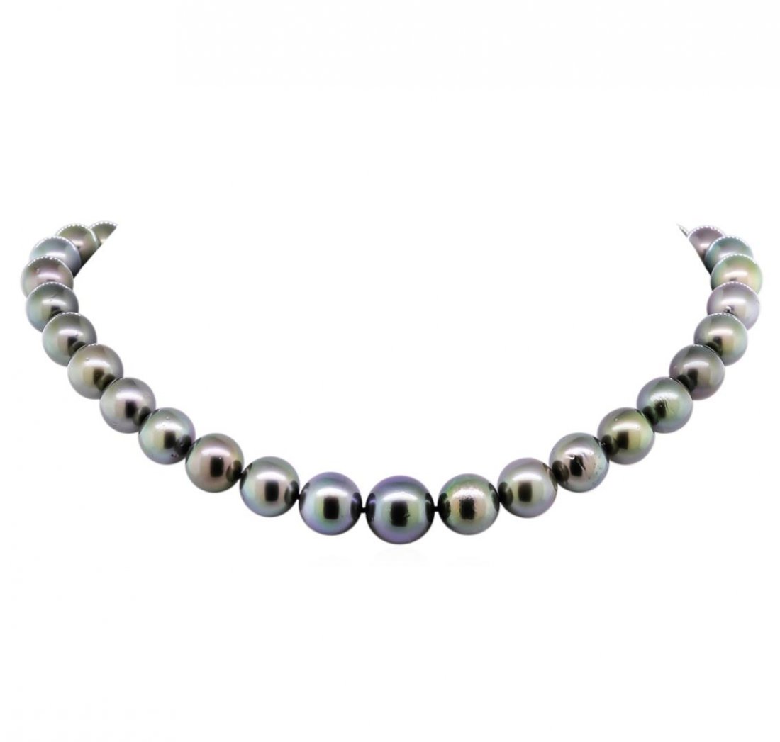 0.21ctw Tahitian Cultured Pearl and Diamond Necklace: One graduated single strand pearl necklace 18.0" princess length, knotted with a tongue clasp & foldover safety containing 35 Tahitian pearls, 11.0mm in size to 15.0mm in size. The pearls are black in
