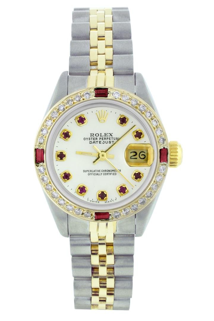 Rolex Two-Tone Diamond and Ruby DateJust Ladies Watch: One Ladies Two Tone Rolex Datejust Polished, Serviced & Electronically Tested, 14K Yellow Gold & Stainless Steel Case:26mm, 14K Yellow Gold Crown, Custom Bezel: 18K Yellow Gold Ruby Beadset Diamond Be