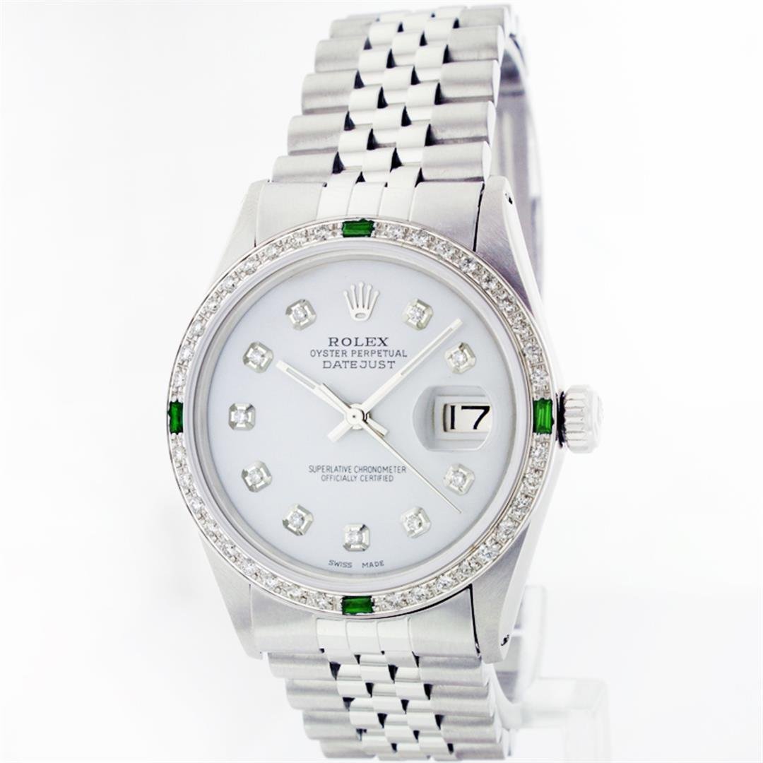 Rolex Stainless Steel 1.00ctw Diamond and Emerald: One Gents Stainless Steel Rolex Datejust Polished Bright with Satin Finish, Fully Serviced & Electronically Tested, Stainless Steel Case:36mm, Stainless Steel Crown, Custom Bezel: 18K White Gold Emera