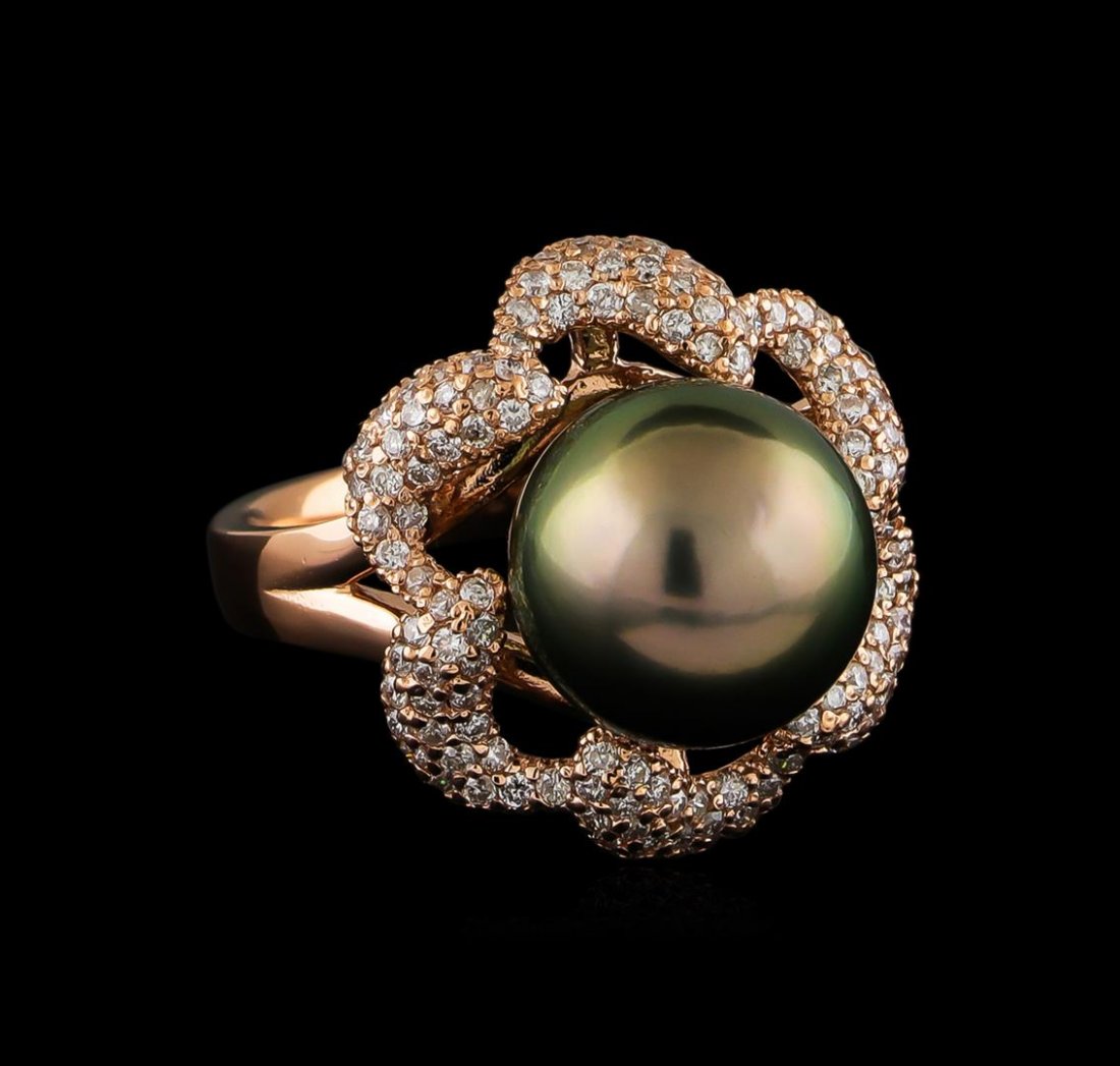 Tahitian Pearl and Diamond Ring - 14KT Rose Gold: One electronically tested 14KT rose gold ladies cast Tahitian cultured pearl and diamond ring with a bright polish finish. The featured Tahitian cultured pearl is set within a stylized diamond set flo