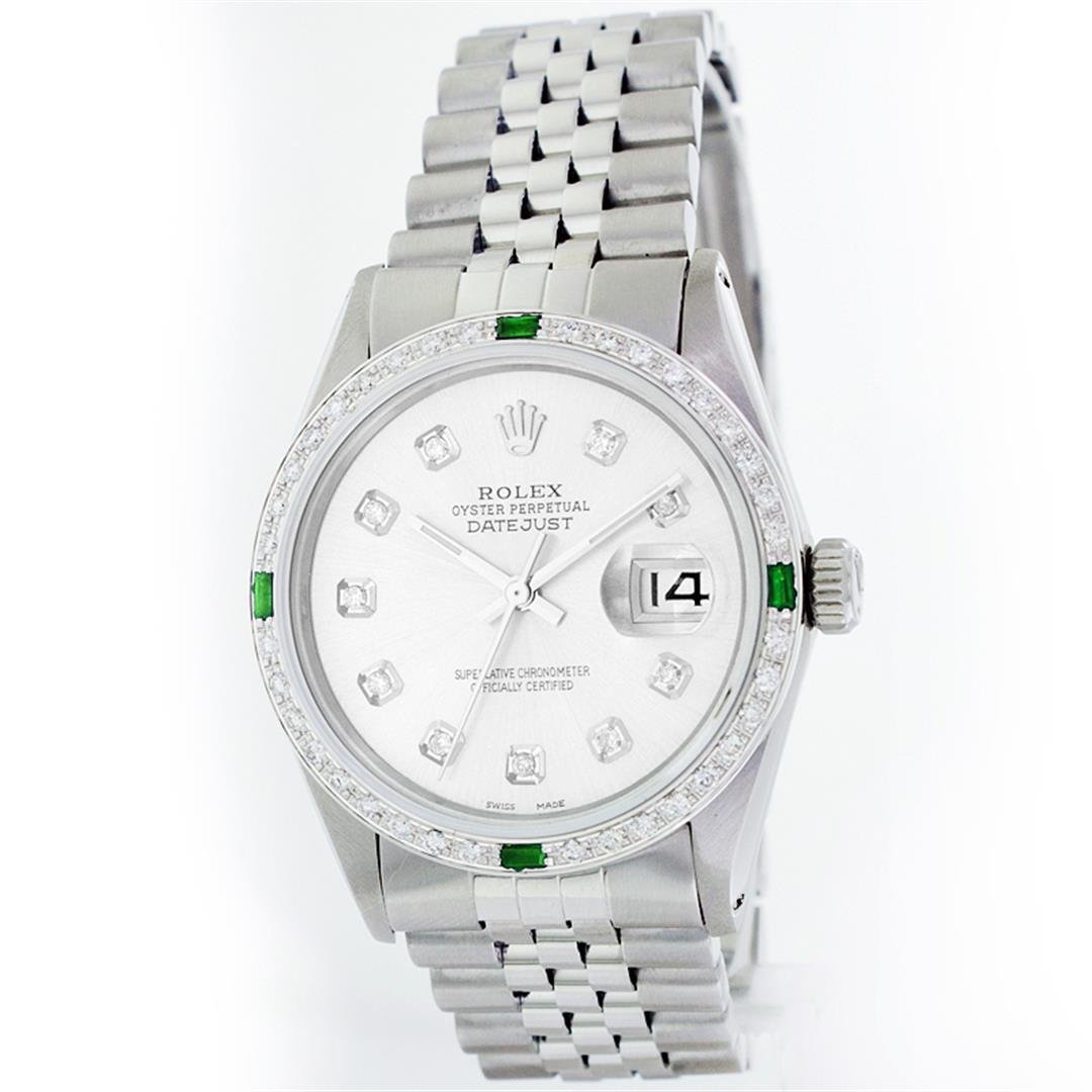Rolex Stainless Steel 1.00ctw Diamond and Emerald: One Gents Stainless Steel Rolex Datejust Polished Bright with Satin Finish, Fully Serviced & Electronically Tested, Stainless Steel Case:36mm, Stainless Steel Crown, Custom Bezel: 18K White Gold Emera