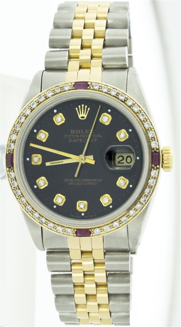 Rolex Two-Tone 1.00ctw Diamond and Ruby DateJust Men's: One Gents Two Tone Rolex Datejust Polished, Serviced & Electronically Tested, 14K Yellow Gold & Stainless Steel Case:36mm, 14K Yellow Gold Crown, Custom Bezel: 18K Yellow Gold Ruby Beadset Diamond Bez