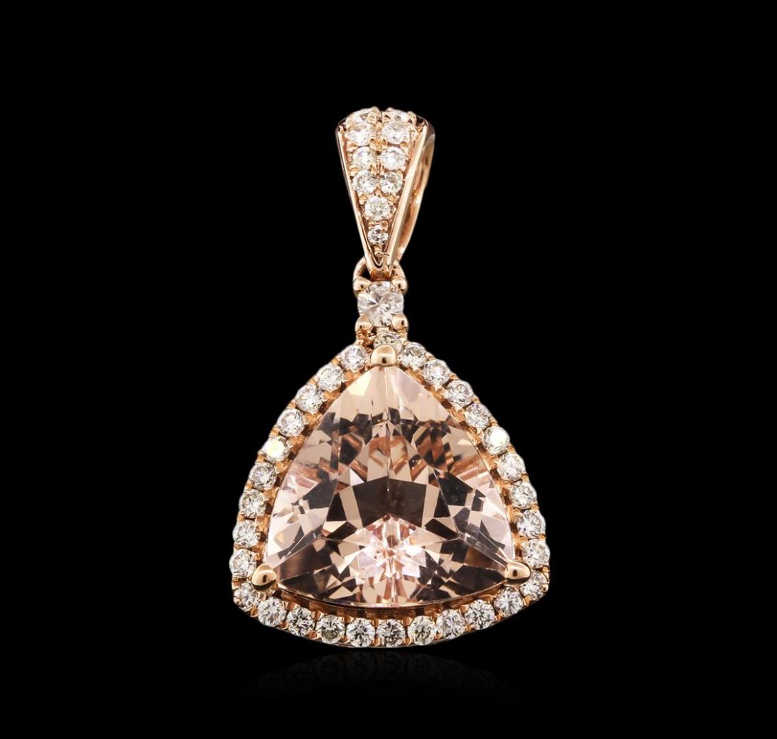 14KT Rose Gold 3.51ct Morganite and Diamond Pendant: One pendant featuring: 14KT rose gold weighing 2.02 grams containing one morganite center stone with a total weight of 3.51ct and 41 round diamonds with a total weight of 0.38ct.
