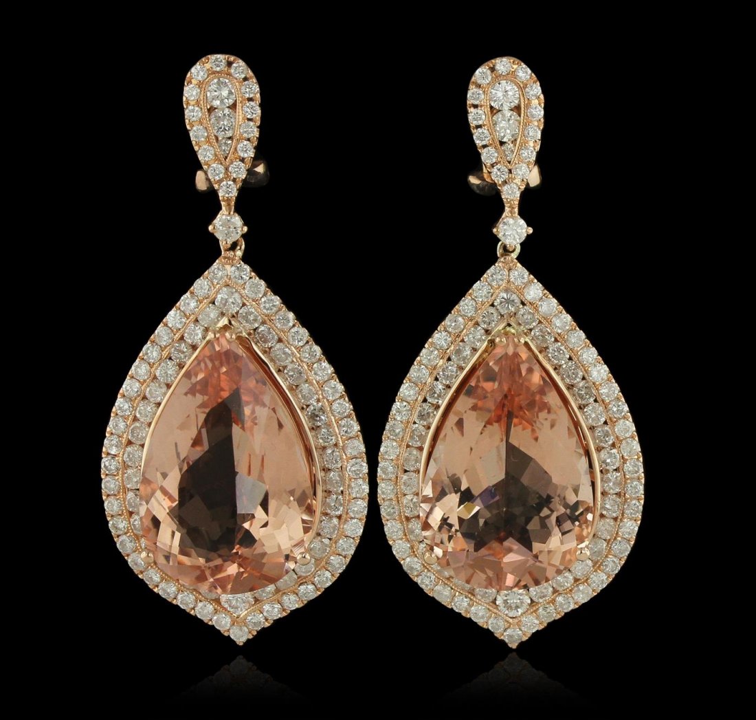 14KT Rose Gold 24.62 Morganite and Diamond Earrings: One pair electronically tested 14KT rose gold ladies cast & assembled morganite and diamond dangle earrings with omega backs. Condition is new, good workmanship. Bright polish finish. Identified with 