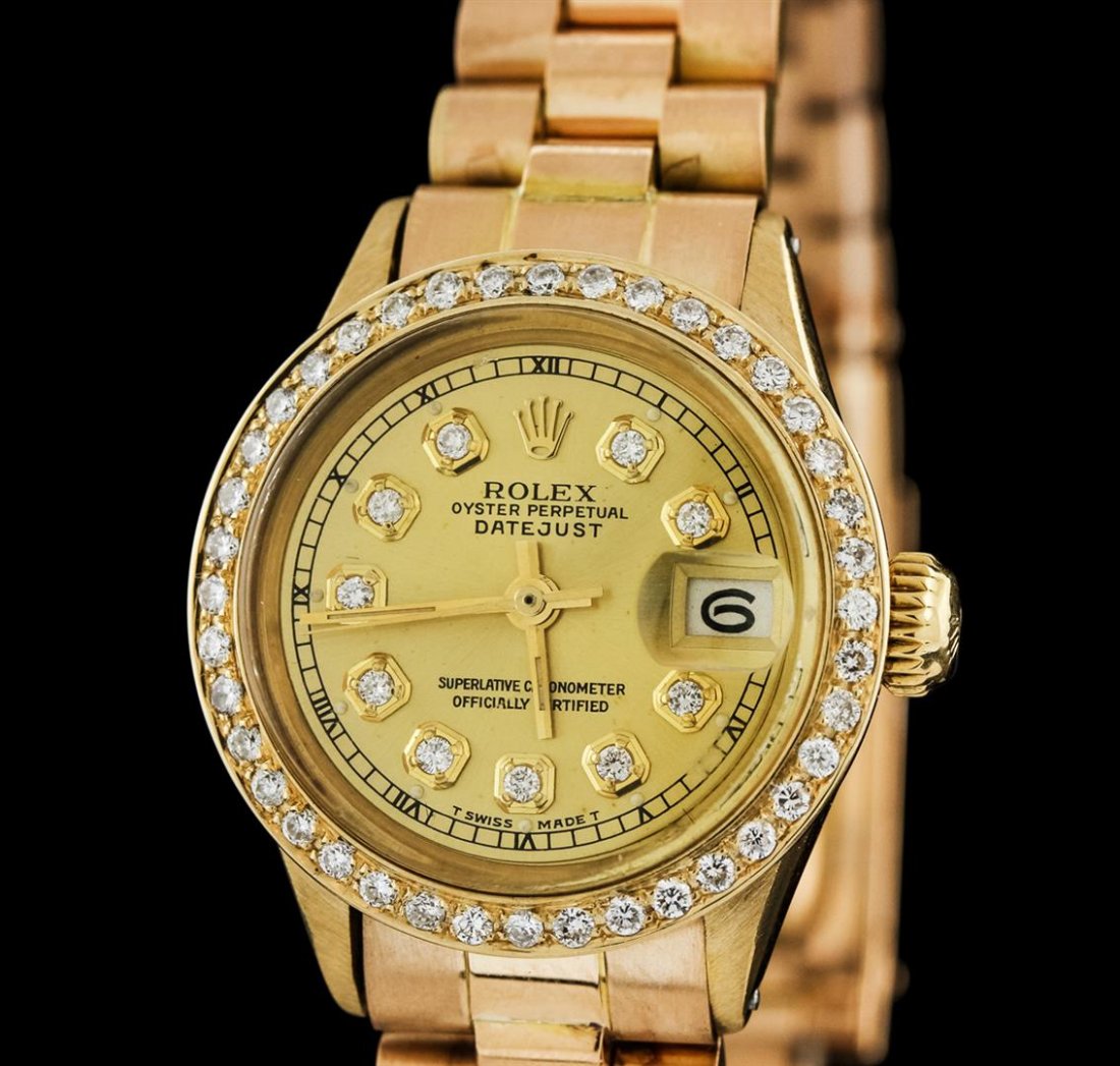 Rolex 18KT Yellow Gold Diamond DateJust Ladies Watch: One ladies, hand crafted & machine milled Rolex DateJust model, wristwatch electronically tested 18KT yellow gold, Circa: 1962, Case: 25mm oyster, Crown: twinlock with logo, Custom Bezel: diamond set,