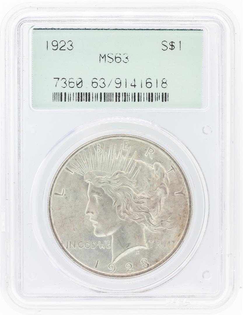 1923 PCGS MS63 Peace Silver Dollar: One 1923 PCGS MS63 Peace Silver Dollar. PCGS Certified.