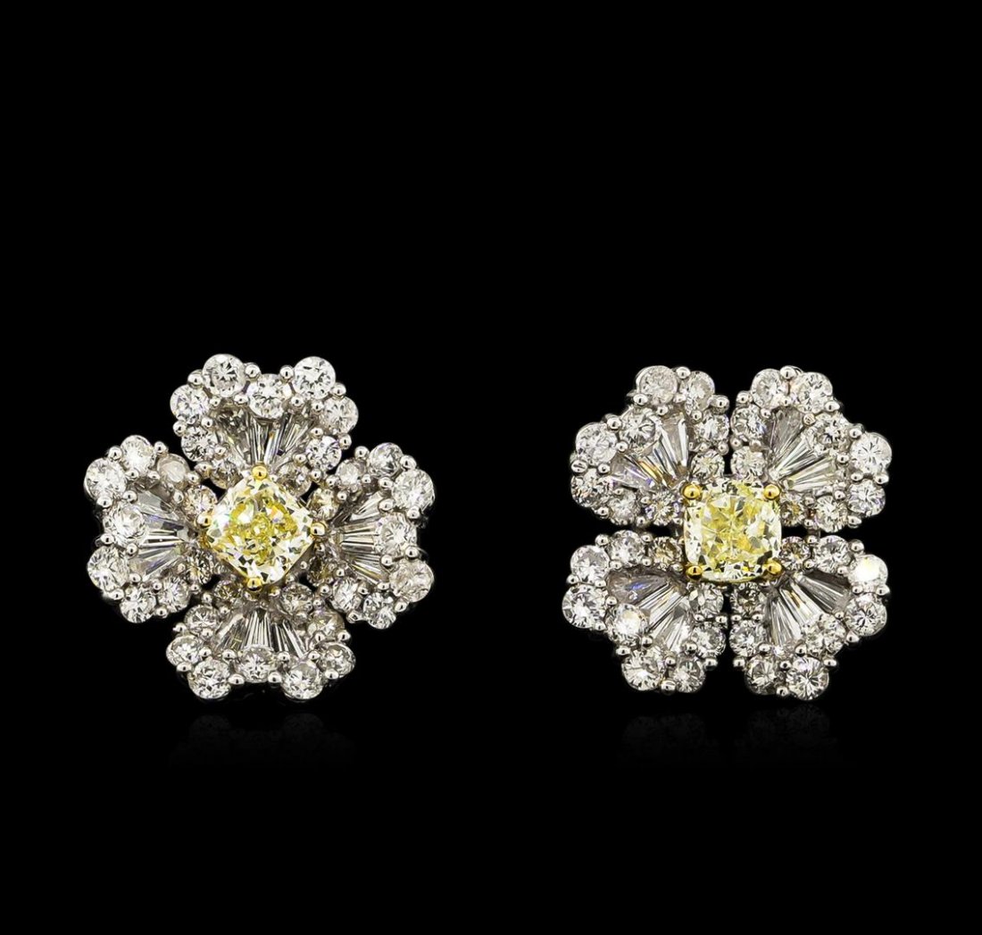 3.93ctw Yellow Diamond Earrings - 18KT White Gold: One pair electronically tested 18KT white gold lady's combination cast & assembled fashion earrings with friction posts with a bright polish finish. Trademark is MICHA. Identified with markings of "18
