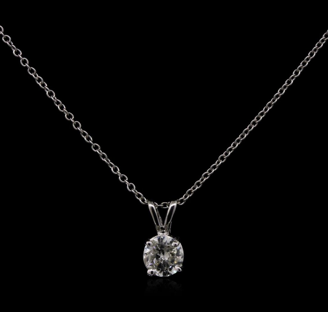 0.64ct Diamond Pendant With Chain - 14KT White Gold: One electronically tested 14KT white gold lady's cast solitaire pendant & chain 16.0" long, 1mm round cable link with a spring ring clasp with a bright polish finish. Identified with markings of "14K"