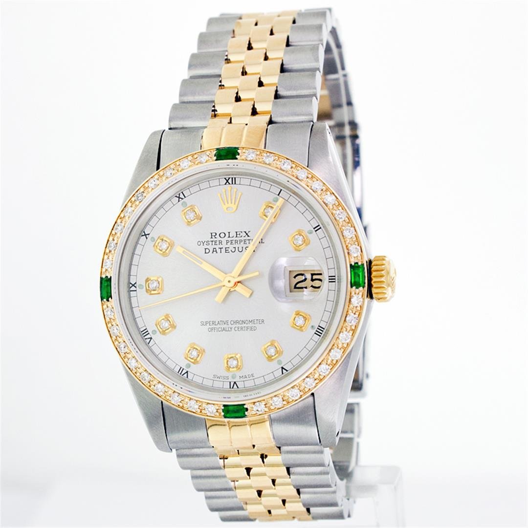 Rolex 14KT Two-Tone Emerald And Diamond DateJust Men's: One Gents Two Tone Rolex Datejust Polished, Fully Serviced & Electronically Tested, 14K Yellow Gold & Stainless Steel Case:36mm, 14K Yellow Gold Crown, Custom Bezel: 18K Yellow Gold Emerald Beadset Di