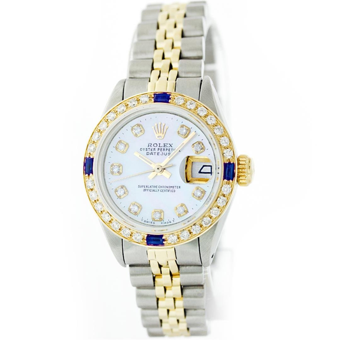 Rolex 14KT Two-Tone Diamond and Sapphire DateJust: One Ladies Two Tone Rolex Datejust Polished, Serviced & Electronically Tested, 14K Yellow Gold & Stainless Steel Case:26mm, 14K Yellow Gold Crown, Custom Bezel: 18K Yellow Gold Sapphire Beadset Diamon