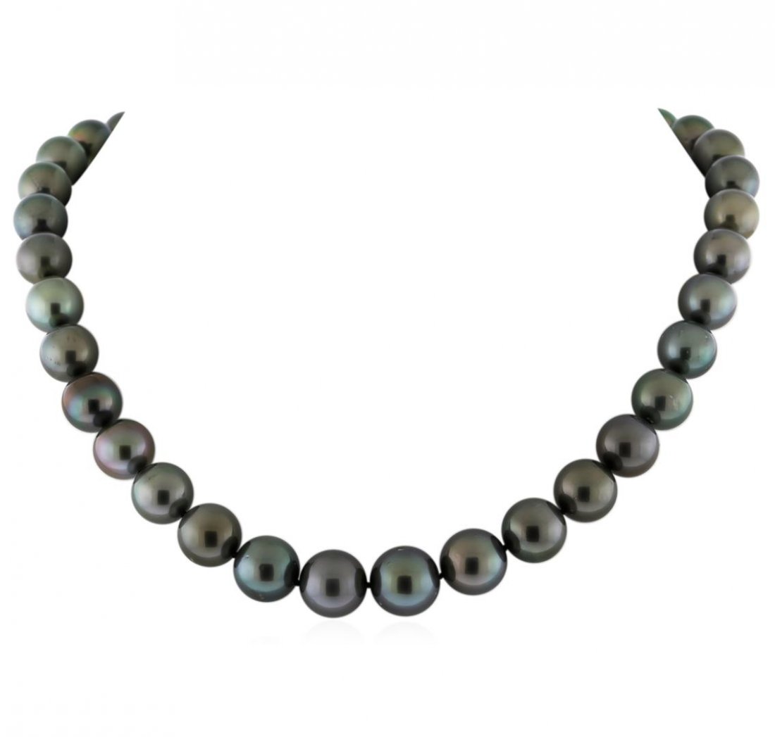 Tahitian Cultured Pearl Necklace With Diamond Clasp: One graduated single strand pearl necklace 18.0" princess length, knotted with a tongue clasp & foldover safety containing 37 Tahitian pearls, 10.1mm in size to 13.1mm in size. The pearls are black in