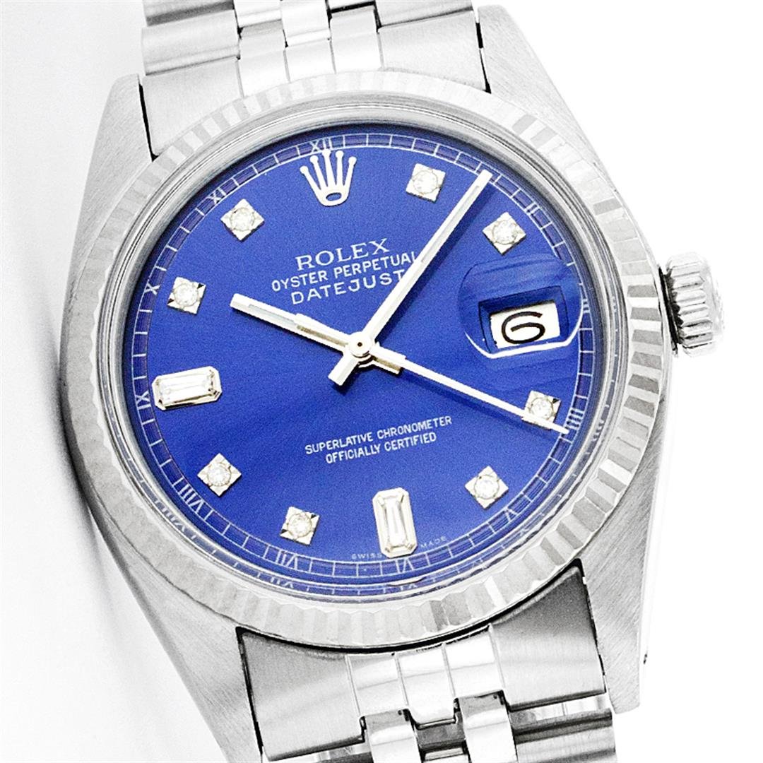 Rolex Stainless Steel Baguette Diamond DateJust Men's: One Mens Rolex Datejust Polished Bright with Satin Finish, Serviced & Electronically Tested, Stainless Steel Case:36mm, Stainless Steel Crown, Original Bezel: 14K White Gold Fluted Bezel. Custom Cryst