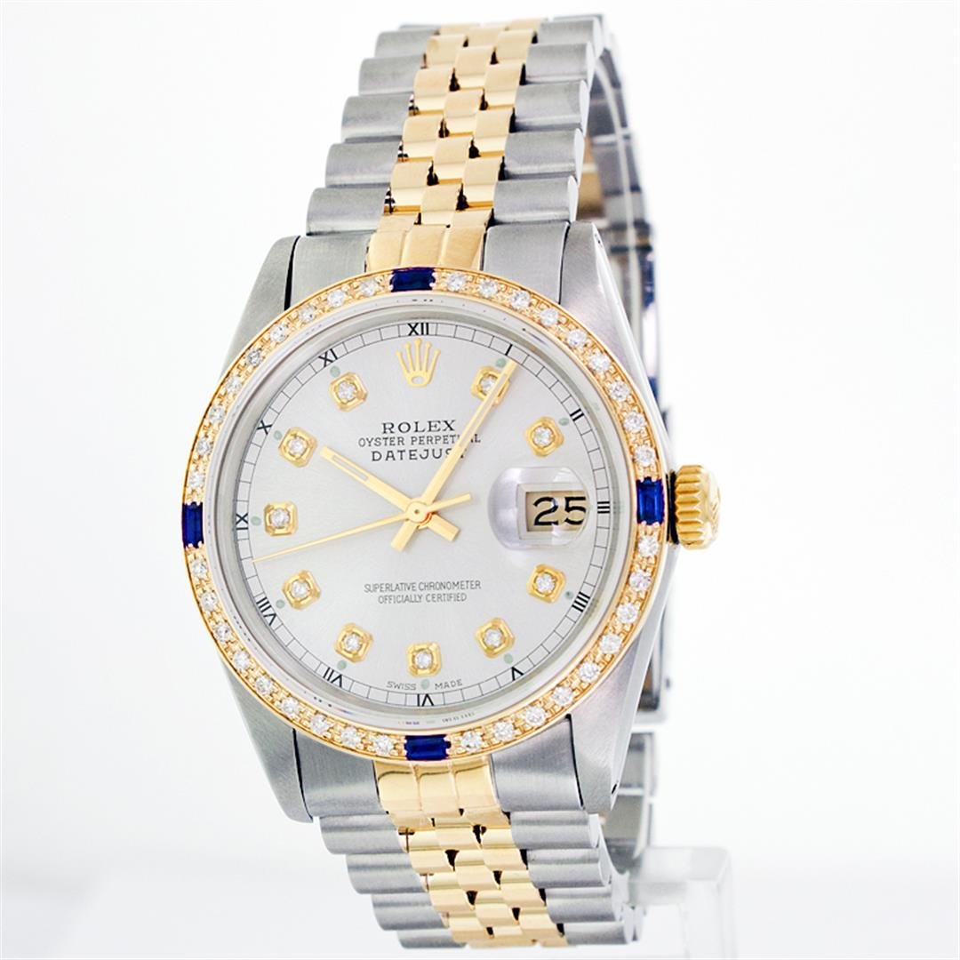 Rolex 14KT Two-Tone Sapphire And Diamond DateJust Men's: One Gents Two Tone Rolex Datejust Polished, Fully Serviced & Electronically Tested, 14K Yellow Gold & Stainless Steel Case:36mm, 14K Yellow Gold Crown, Custom Bezel: 18K Yellow Gold Sapphire Beadset D