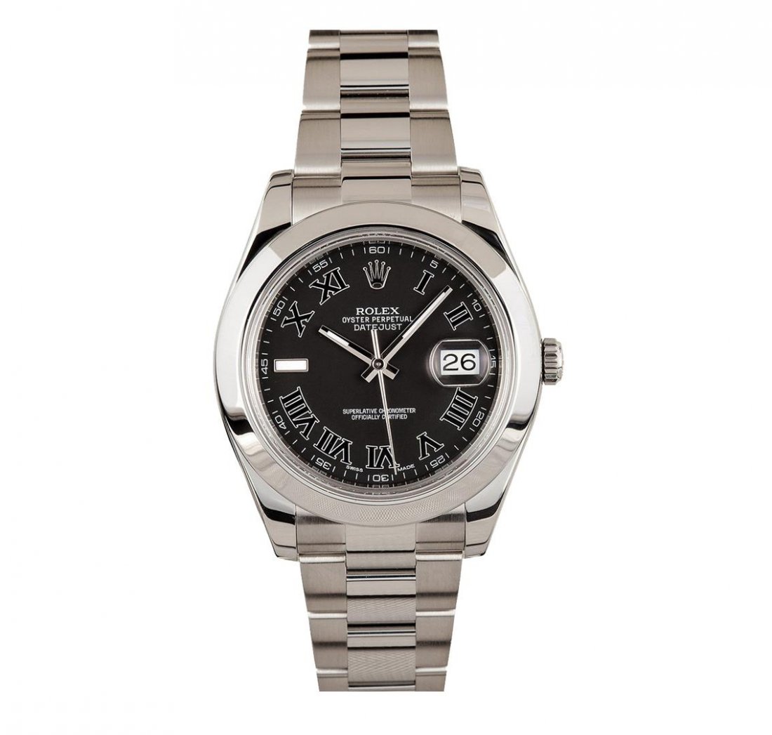 Rolex Stainless Steel DateJust Men's Watch: One gents stainless steel Rolex DateJust wristwatch. Model Name/Number: Datejust 116300. The watch features automatic movement with date, quickset, scratch-resistant sapphire crystal, waterproof screw