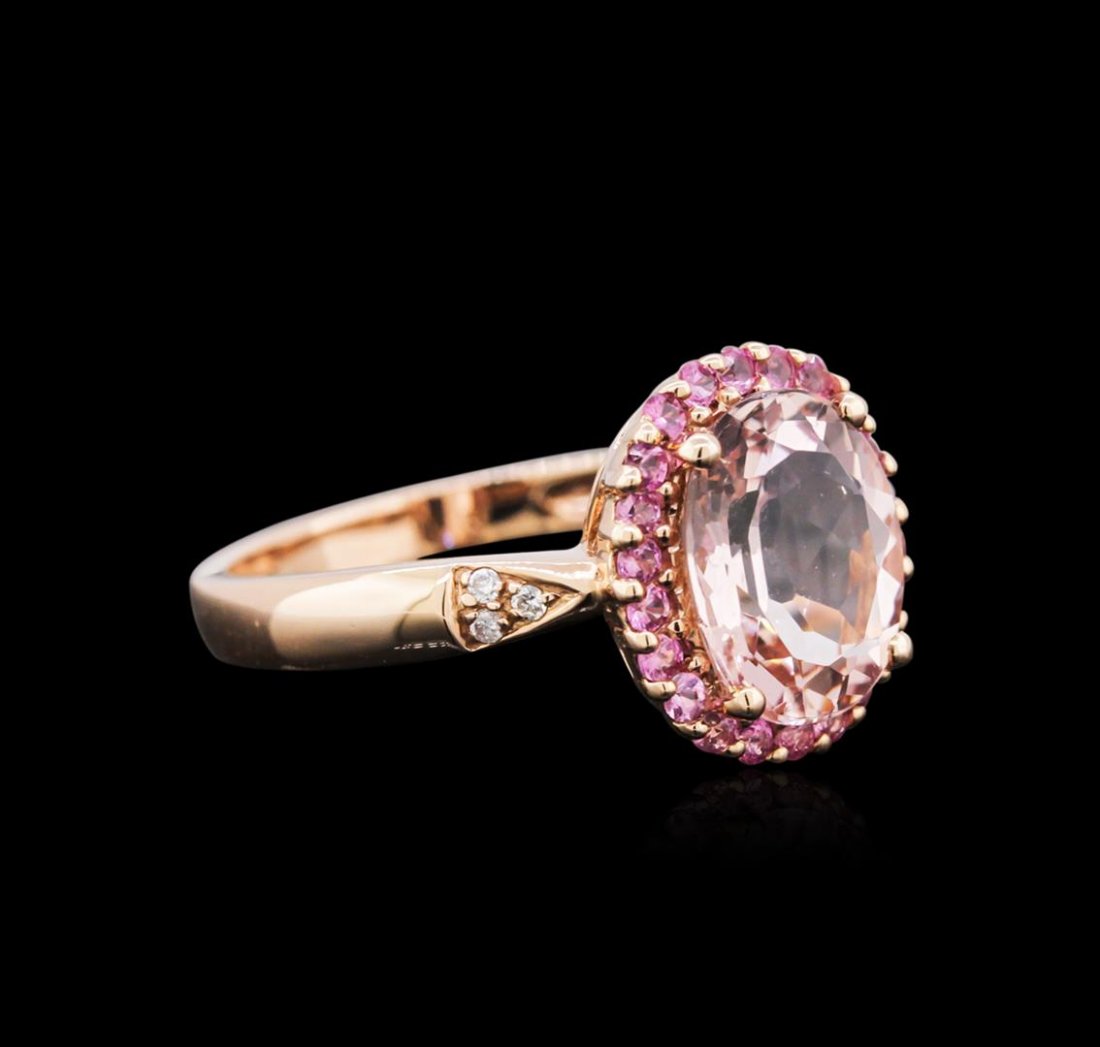 14KT Rose Gold 2.24ct Morganite, Pink Sapphire and: One ring featuring: 14KT rose gold weighing 2.48 grams containing one morganite center stone with a total weight of 2.24ct, 22 pink sapphires with a total weight of 0.33ct and six round diamonds with 