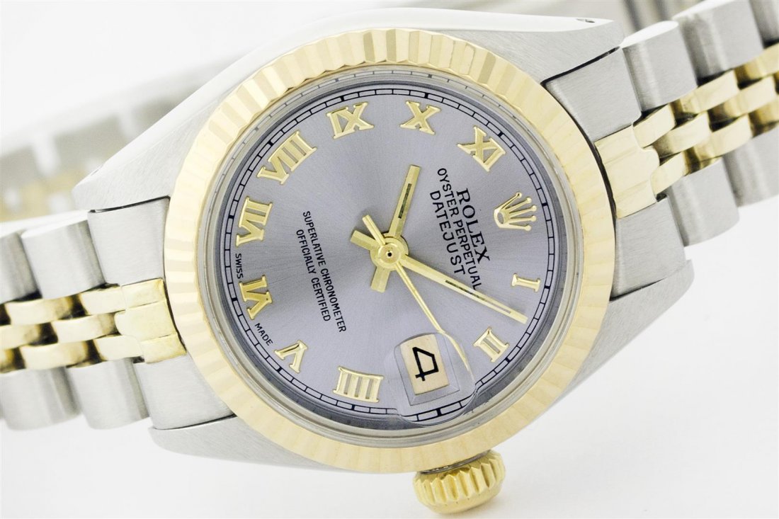 Rolex Two-Tone DateJust Ladies Watch: One Ladies Two Tone Rolex Datejust Polished, Serviced & Electronically Tested, 14K Yellow Gold & Stainless Steel Case:26mm, 14K Yellow Gold Crown. Bezel: 14K Yellow Gold Fluted Bezel. Custom Crystal: 