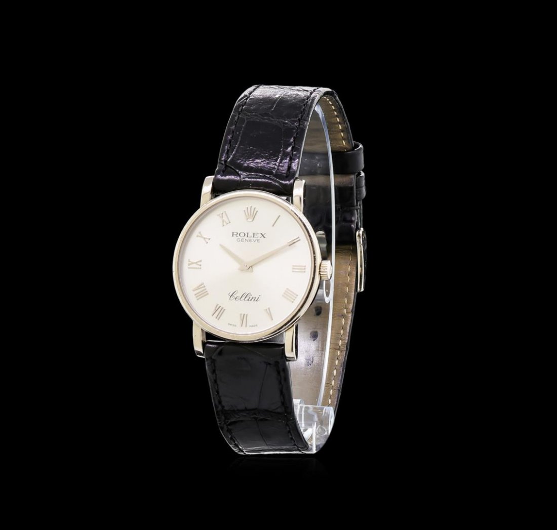 Rolex 18KT White Gold Cellini Men's Watch: One gents, Rolex Cellini Classic wristwatch, electronically tested 18KT White gold, Case: 32mm diameter, flat profile, Rolex and Swiss Hallmarked Case Back: engraved with the manufacturer's name, mode