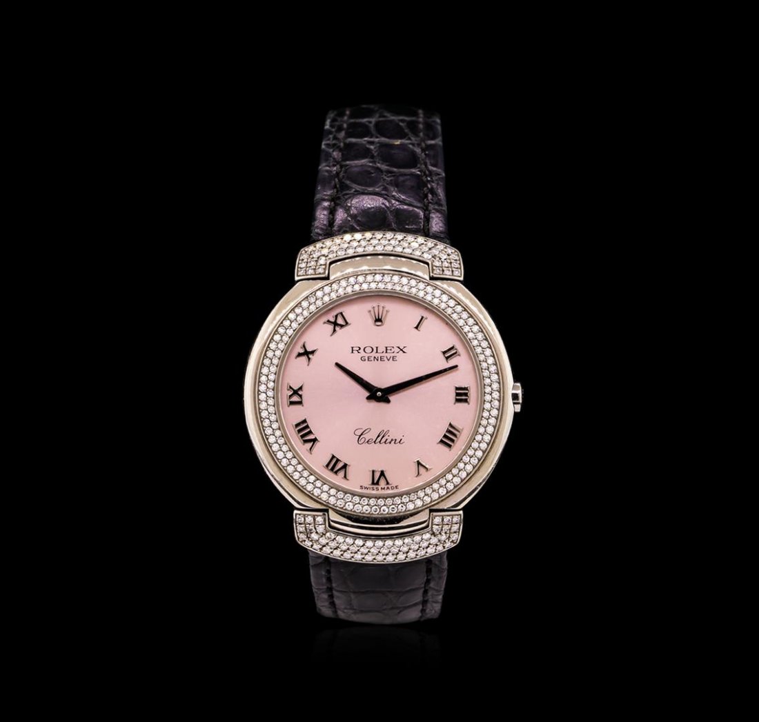 Rolex 18KT White Gold 1.00ctw Diamond Cellini Watch: One, Rolex Cellini Cellissima wristwatch, electronically tested 18KT white gold, Case: 33mm diameter, Case Back: engraved with the manufacturers ID numbers, Bezel: diamond set, Logo'd Crown: Crystal: