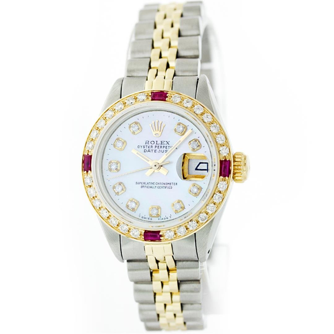 Rolex 14KT Two-Tone Diamond and Ruby DateJust Ladies: One Ladies Two Tone Rolex Datejust Polished, Serviced & Electronically Tested, 14K Yellow Gold & Stainless Steel Case:26mm, 14K Yellow Gold Crown, Custom Bezel: 18K Yellow Gold Ruby Beadset Diamond Be